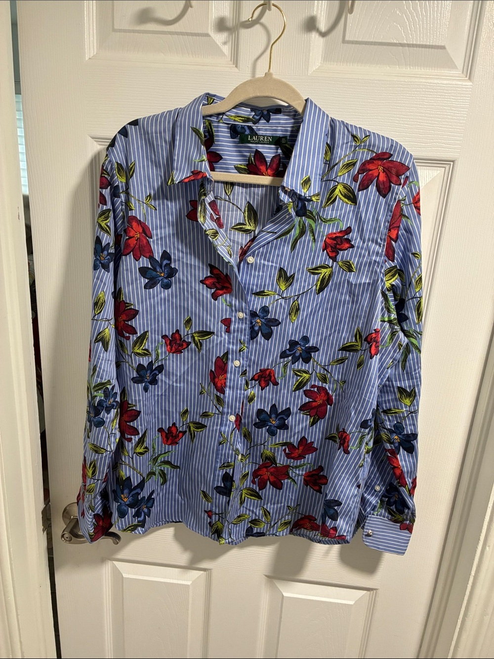 Lauren Ralph Lauren Light Blue Striped Shirt with Red and Navy Floral Print
